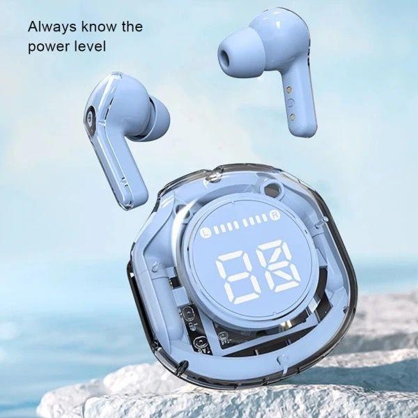 Wireless earbuds with charging case on a light blue background