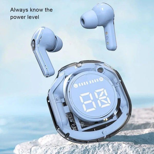 Wireless earbuds with charging case on a light blue background