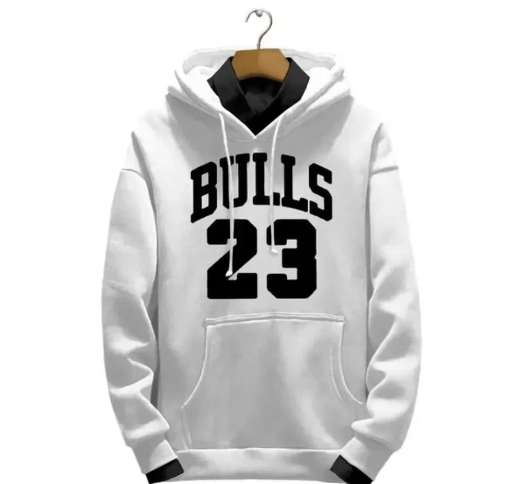 White hoodie with 'Bulls 23' text on a white background