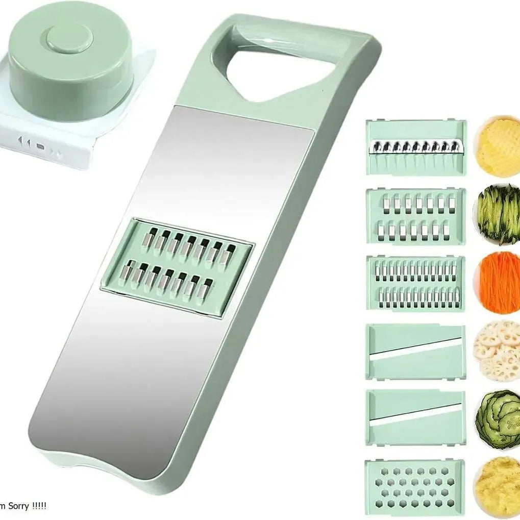 Multifunctional kitchen slicer with various attachments and sliced vegetables on a white background