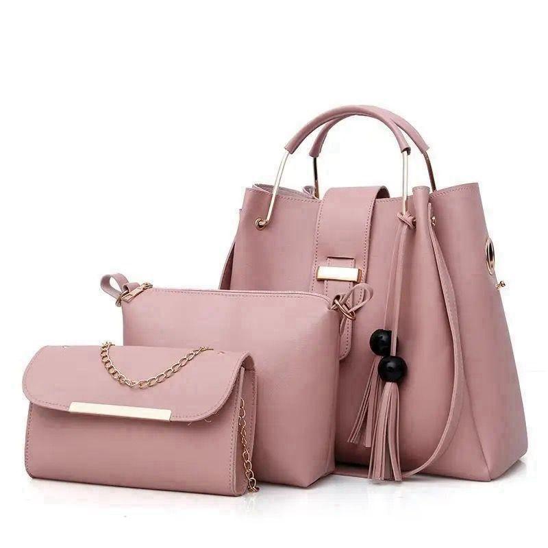 Stylish Pink Leather Hand Bag Set - 3 Pcs for Girls