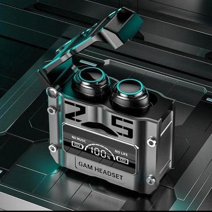 Gaming headset with digital display on a dark background