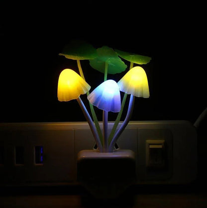 Colorful mushroom-shaped night light on a dark background