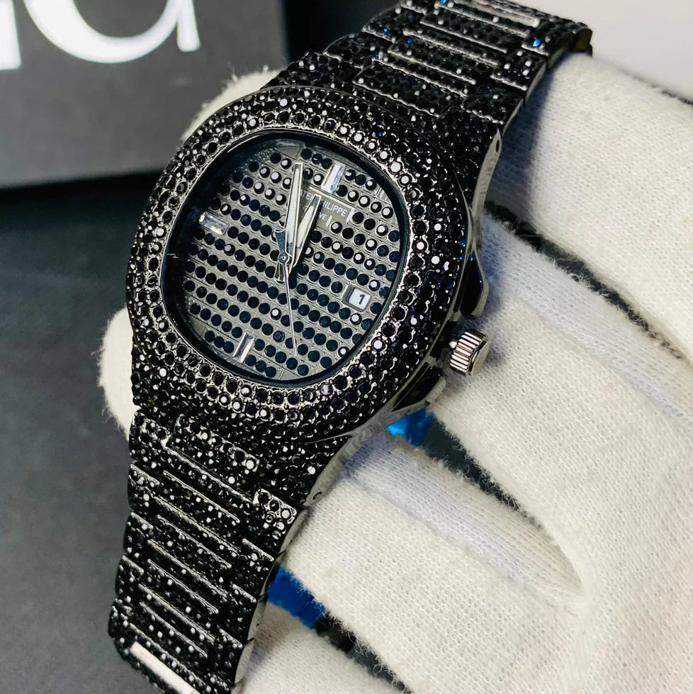 NEW Watch Collection Black Stone  Blacked Iced Out Stain-Less Steel Chain Watch For Men's Fashion (Black Without Box)