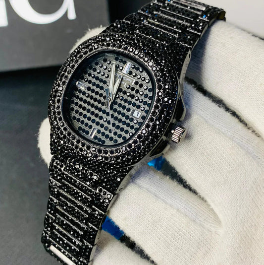 NEW Watch Collection Black Stone  Blacked Iced Out Stain-Less Steel Chain Watch For Men's Fashion (Black Without Box)