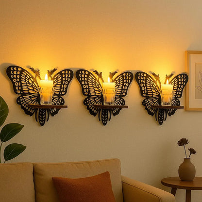 Pack of 3 Butterfly Shaped Wooden Wall Shelf  Decorative Wall Hanging Rack for Living Room & Bedroom