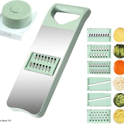 Multifunctional kitchen slicer with various attachments and sliced vegetables on a white background