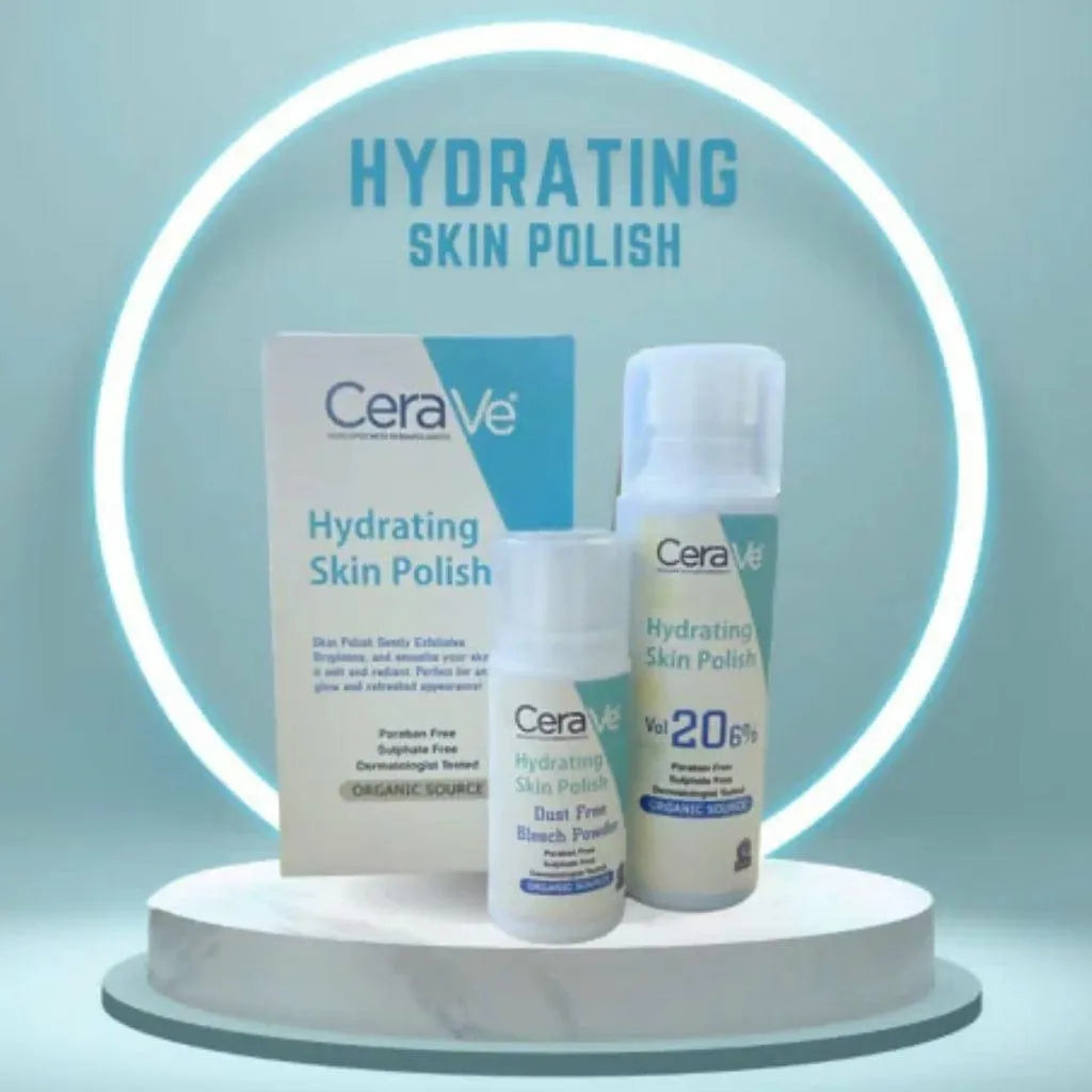 CeraVe hydrating skin polish products on a light blue background