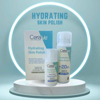 CeraVe hydrating skin polish products on a light blue background