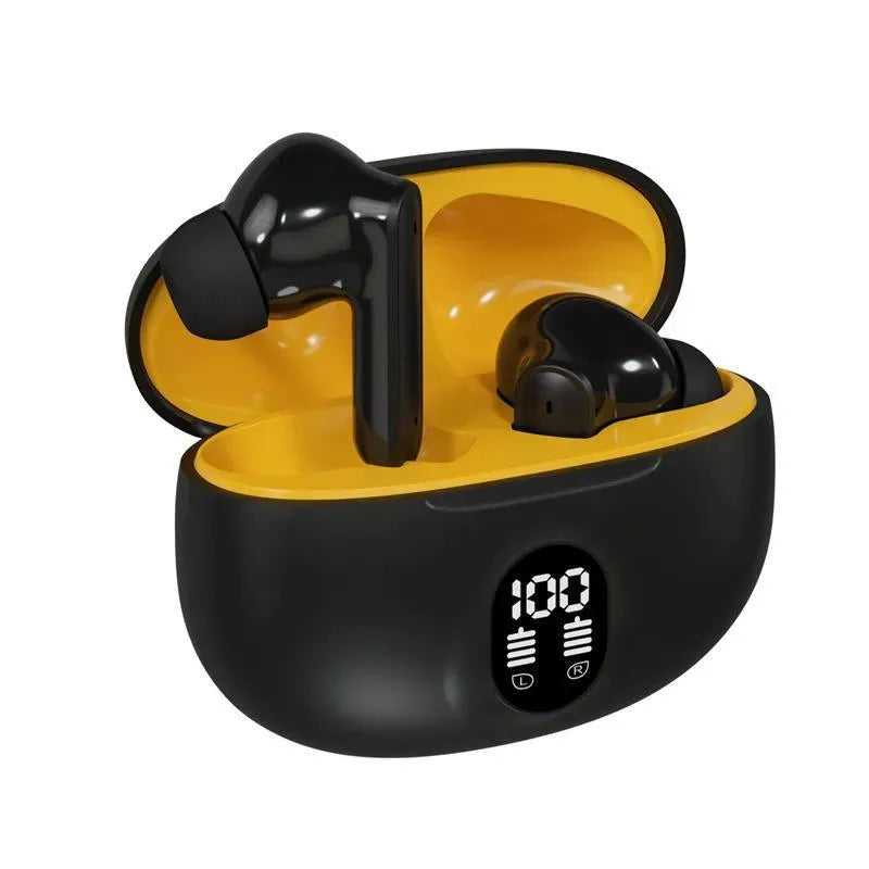 Black wireless earbuds in a yellow charging case with a digital display on a white background