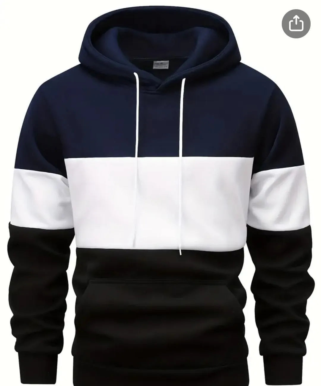 Navy, white, and black color-blocked hoodie on a white background