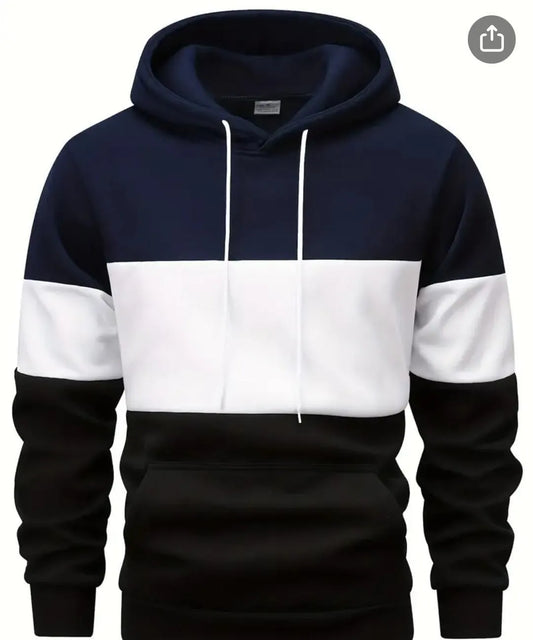 Navy, white, and black color-blocked hoodie on a white background
